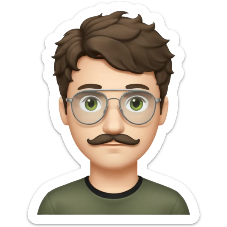 Light brunette wavy haired young man with pale skin and metal aviator glasses. Eyes are greenish grey and he has a moustache. Black t-shirt. sticker