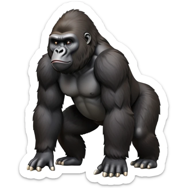 cinematic-gorilla-realistic-full-body-on-all-fours-emoji,-exuding-strength,-thick-dark-fur-in-the-light,-head-tilted-dramatically,-deep-friendly-eyes-filled-with-intense-intelligence,-simplified-yet-realistic-focused-features,-highly-detailed, zoomed out friendly  sticker
