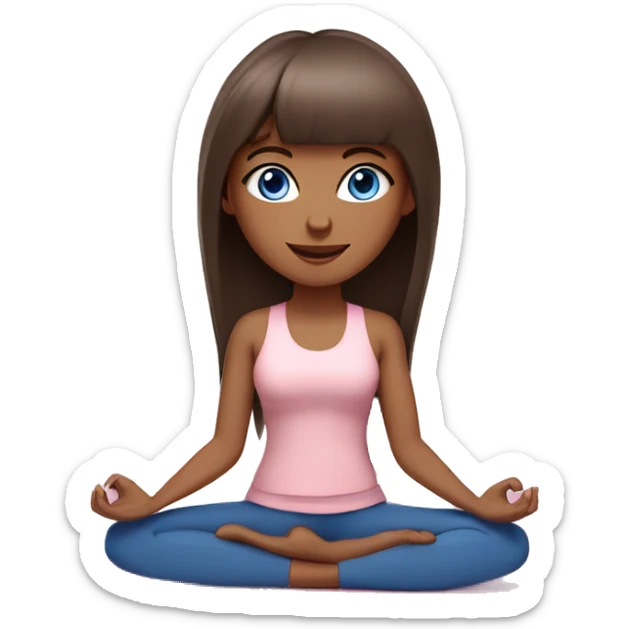 brunette with bangs and blue eyes yoga girl light pink clothes sitting on yoga mat sticker