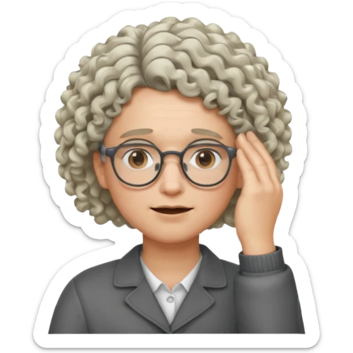 curly blonde/gray hair, glasses, one hand face palm duh sticker