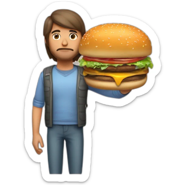 persona obesa triste con una hamburguesa en una mano y en la otra una mancuerna sticker