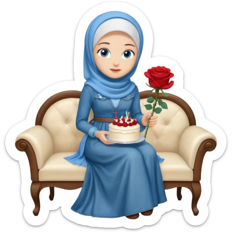 Turkish beautiful finish Konya girl blue eyes with denim hijab long tail dress and sits on the white chair and holds rose cake with her hand  sticker