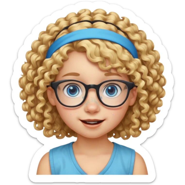 blond kid with unique face features and very curly hair kid girl happy and big glasess and big nose and very blue eyes and headband with freckles kind of nerd looking sticker