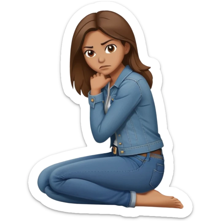 angry woman with brown hair sitting in profile on a floor hugging her knees in jeans avoiding conversation  sticker