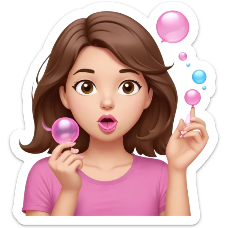 A digital illustration of a cartoon-style woman with shoulder-length brown hair, wearing a pink shirt. She is blowing a pink bubble gum bubble while playfully twirling a strand of her hair with her fingers. Her facial expression is relaxed and carefree. The background is plain white *3d emoji* sticker