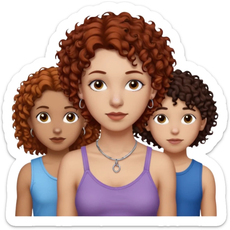 Create a family. A young hot mom. She is an alt girly with dark curly hair, an eyebrow piercing, and a nose ring. Her two teenage kids are gay girlies. One has shoulder length auburn hair and has an eyebrow ring. The other has short bleached curly hair, bleached eyebrows and a lip ring sticker