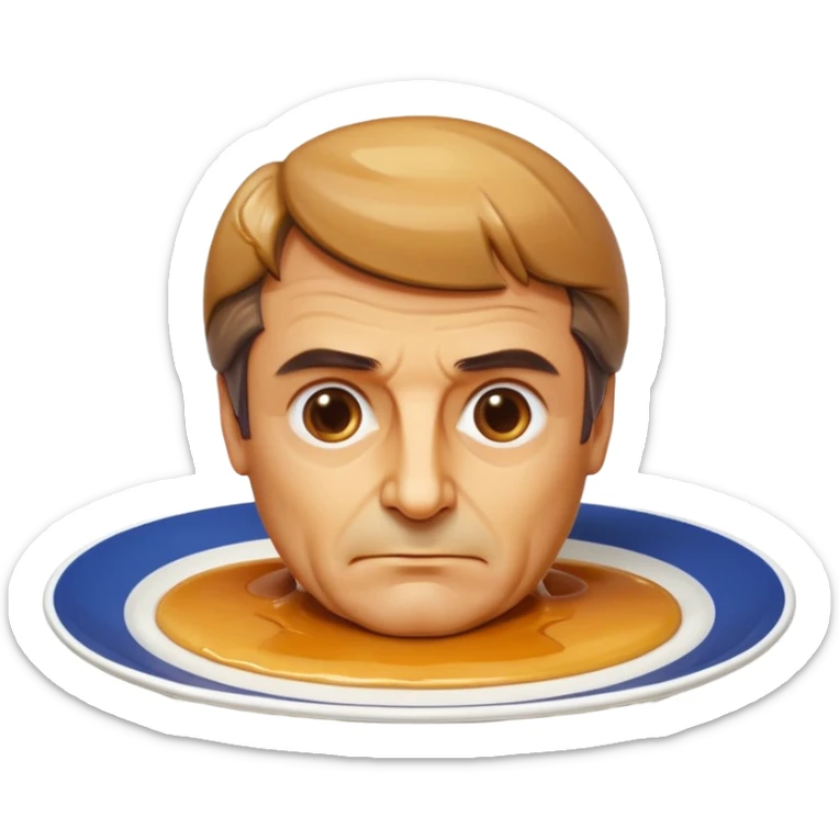 apple style emoji of François Fillon's bust with cartoonishly flan-like head and face, exaggerated creamy flan texture and color, simplified and stylized features, no realistic skin, thick glossy caramel hair dripping down, on a white plate sticker