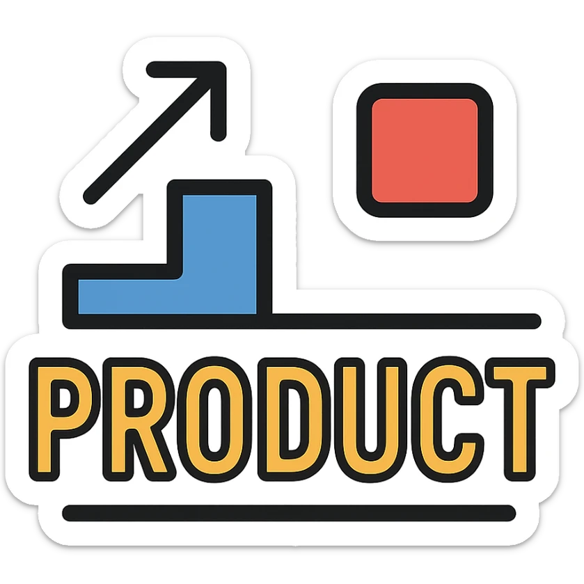 the word PRODUCT with blue and red graphic accents, flat color icon style sticker