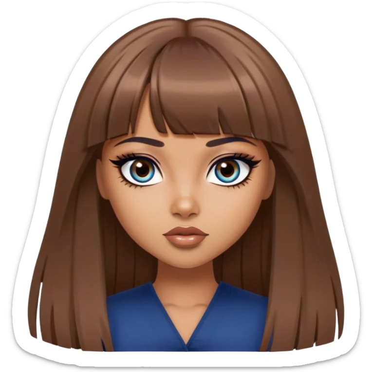 , tan skin, bangs long straight brown hair, dark blue eyes, black eyeliner, pretty bratz baddie sticker