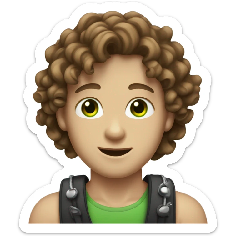 White boy with brown curly wavey hair with green eyes and a necklace and braces sticker