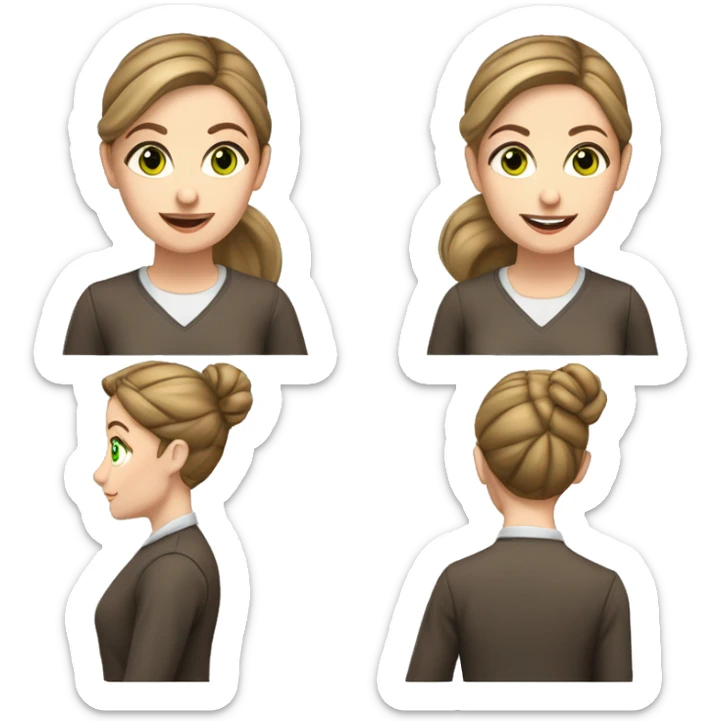 a female teacher who has green eyes brown hair and pale skin. she likes her hair in a bun. She loves coffee so much. Make the scenery in a classroom. She likes wearing sporty things. she is a teacher and her hair is in a bun.
 sticker
