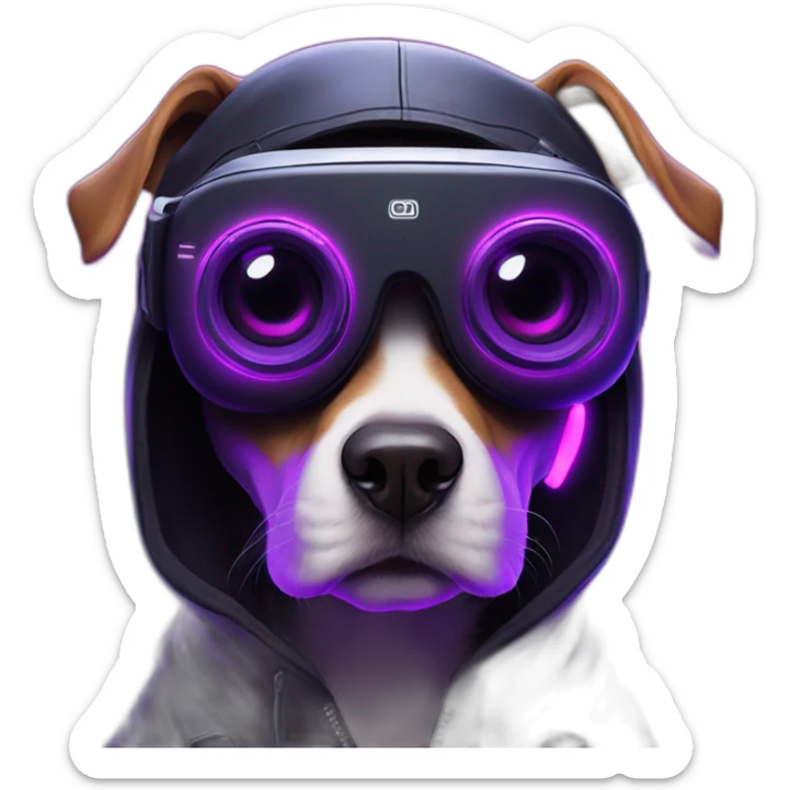 funny dog wearing a black hoodie with "OMG" letters on it and VR headset in a cyberpunk VR environment with violet neon lighting. sticker