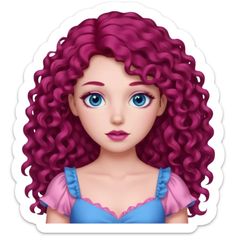 Chappell Roan long dark red curly hair, blue eyes, pink eyeshadow and lip, pink dress sticker