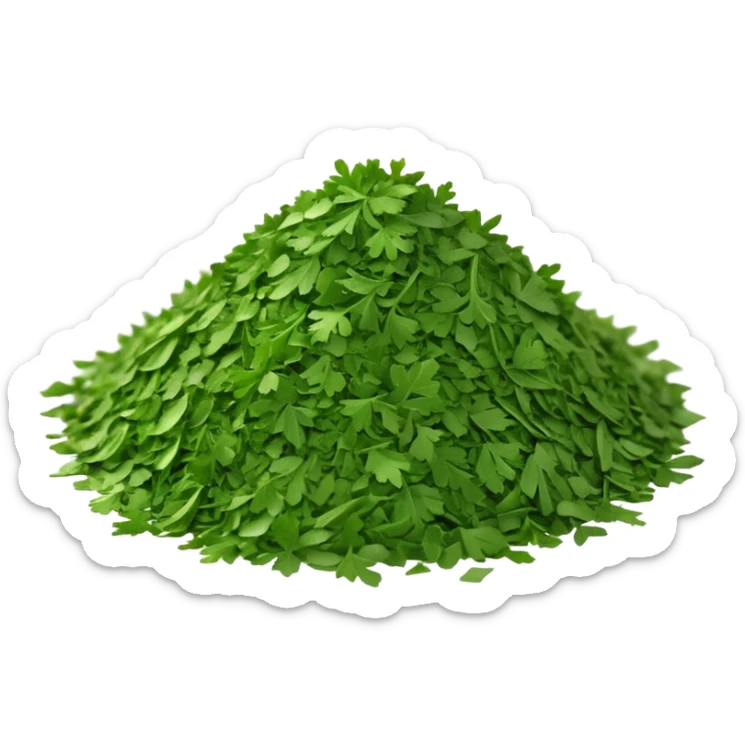 loose scatter of finely crumbled green herb flakes with jagged, flat shapes and a dry, matte texture, color ranges from bright to muted green, evoking dried curly or flat-leaf parsley, soft lighting, subtle shadows, emoji scale sticker