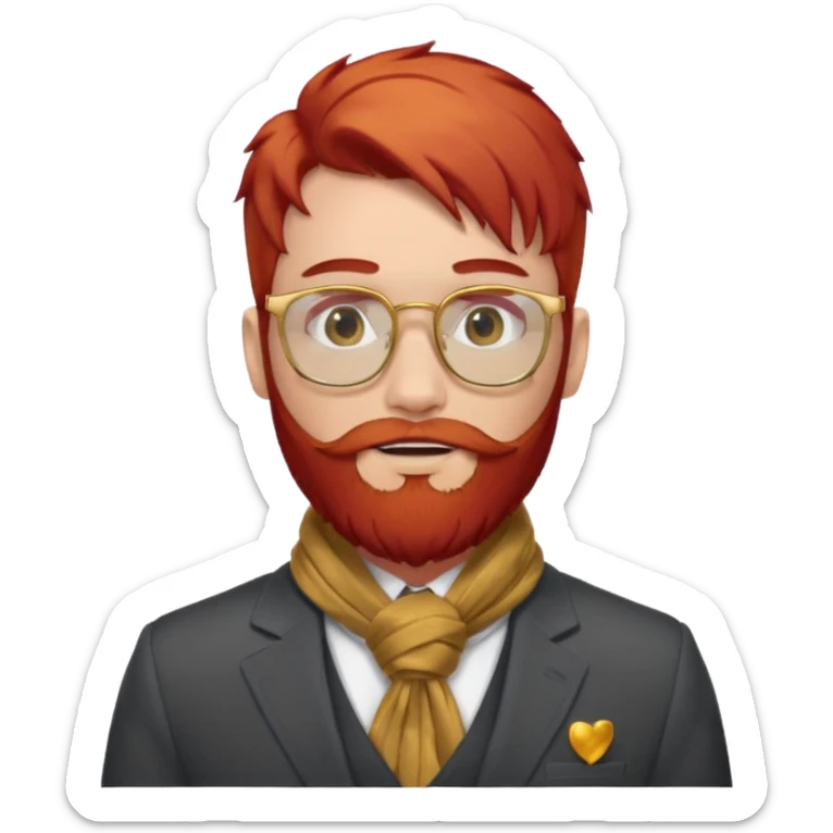 gray scarf, male,  beard, red hair, with suit, gold glasses sticker