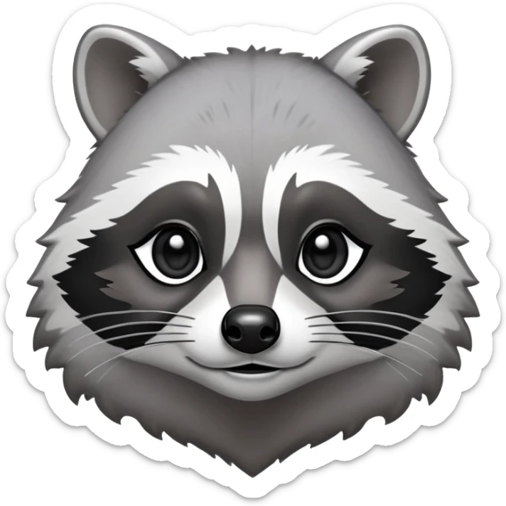 Cinematic-Noble-Raccoon-Portrait-Emoji – Poised and confident, with a sturdy build and a beautifully textured fur of silver-grey accented by dark black facial markings, deep-set, large big black eyes revealing no white, simplified yet sharp and sophisticated zoom out to show shoulders sticker