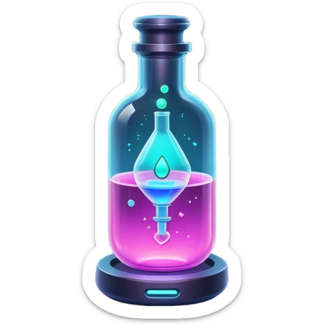 Clash of Clans aesthetic: Cinematic Playful Sci-fi Health injection Emoji, rendered in a 3D vector-style similar to standard emojis with minimal shading and bold, simplified shapes. A compact, futuristic vial with a glowing neon liquid and sleek contours, softly glowing with a healing cosmic charm. Simplified yet unmistakably iconic, highly detailed and consistent, glowing with a soft radiant glow and high shine. Stylized with a touch of futuristic alchemy and a soft glowing outline, capturing the essence of a vital energy elixir with a playful, interstellar spirit! sticker