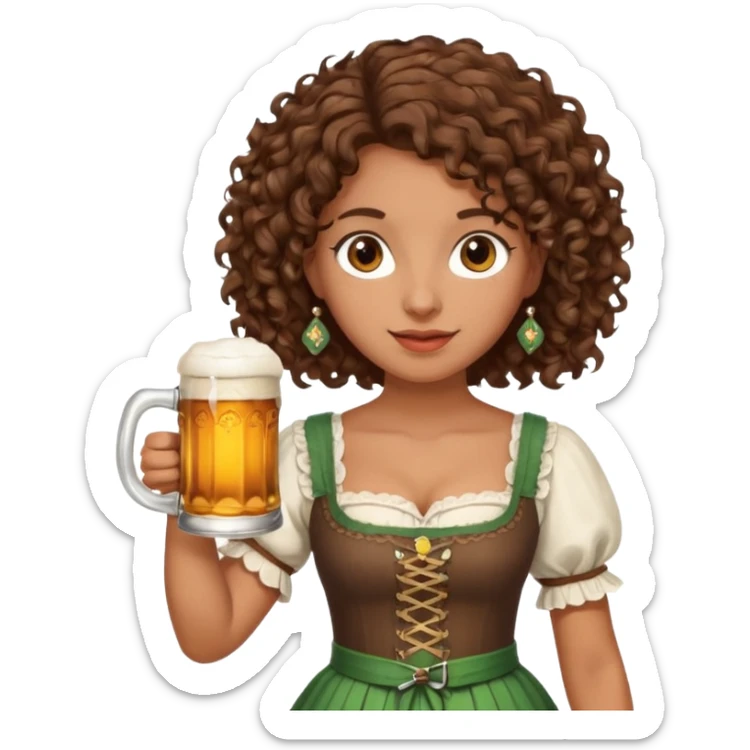 A woman with brown, shoulder-length curly hair and brown eyes she is wearing a dirndl and holding a beer stein sticker