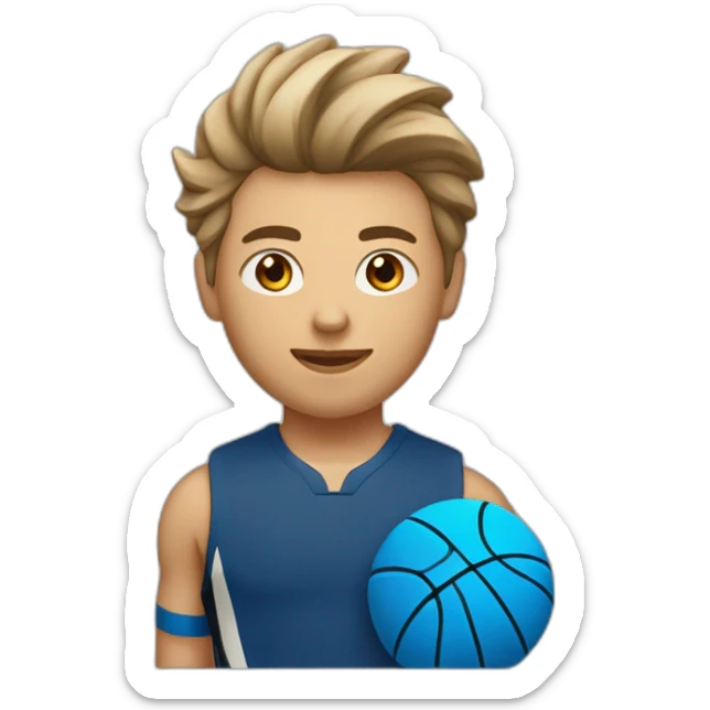 Un adolescent beige avec les cheveux brun qui joue au basket avec un maillot bleu avec écrit 14 dessus dans le style de IOS sticker