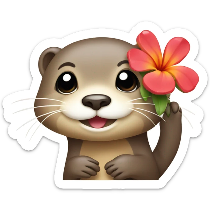 A happy and cute otter face with a Hawaiian flower tucked behind its ear, holding a heart. sticker