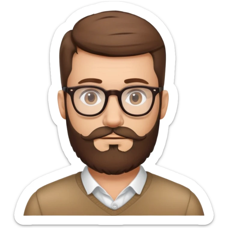 male character with glasses, French cut hairstyle, brown hair, fine full beard sticker