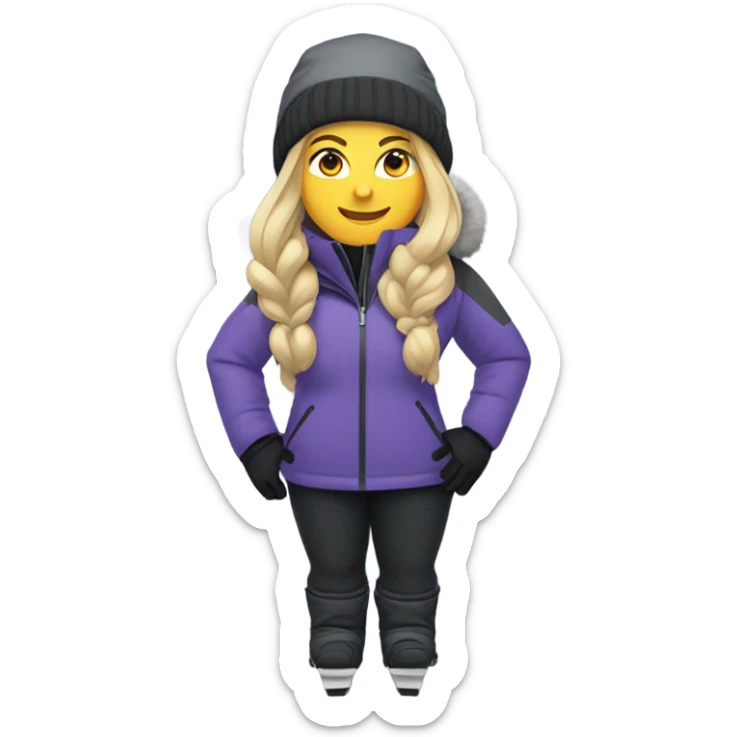Chubby female long blonde hair skier with purpley-grey jacket and black pants showing whole body. sticker