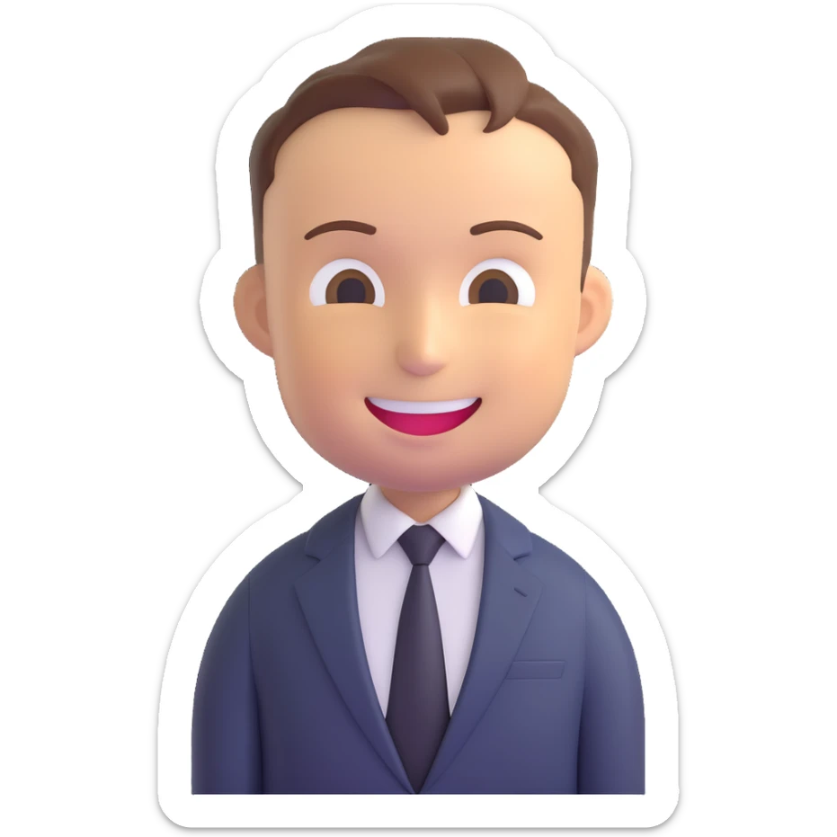 Elon Musk as an emoji, smiling with short hair and suit sticker
