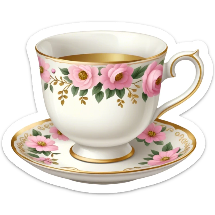 White teacup with baby pink floral antique print with gold accents  sticker