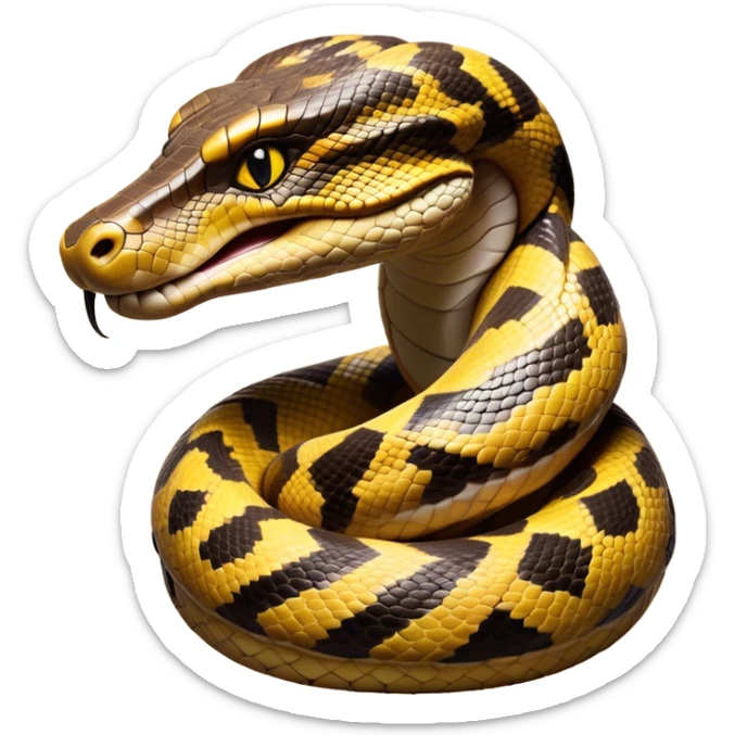 Cinematic Noble Anaconda Portrait Emoji, Poised and imposing, with a massive, sinuous build draped in intricately patterned scales and piercing, focused eyes, Simplified yet sharp and sophisticated features, highly detailed, glowing with a soft, earthy glow, high shine, intelligent and formidable, stylized with an air of primal elegance, focused and mysterious, soft glowing outline, capturing the essence of a watchful jungle guardian that feels as though it could coil out of the screen with effortless authority! sticker