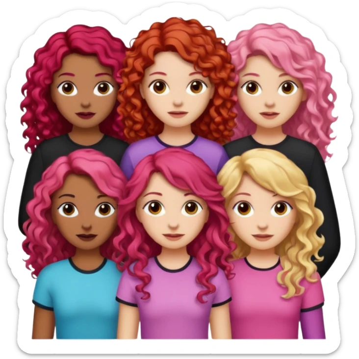 5 girlsone curly redhead, one with brunette dyed blonde hair, one long haired wavy brunette, one mid-length haired brunette, and one black haired girl with partially dyed bright red/pink hair sticker