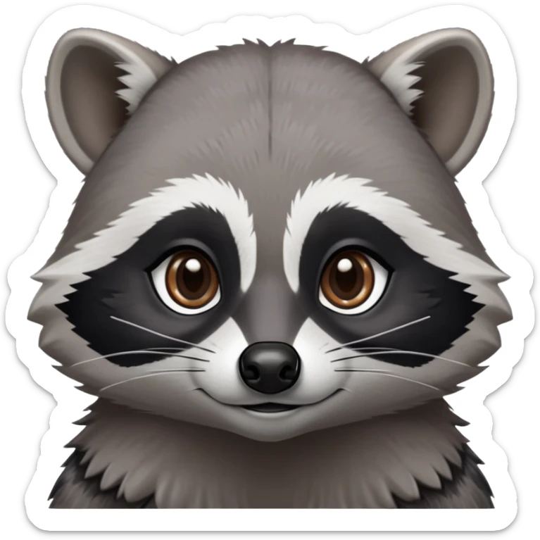 Cinematic-Noble-Raccoon-Portrait-Emoji – Poised and confident, with a sturdy build and a beautifully textured fur of silver-grey accented by dark black facial markings, deep-set, intelligent brown eyes, simplified yet sharp and sophisticated zoom out to show shoulders sticker
