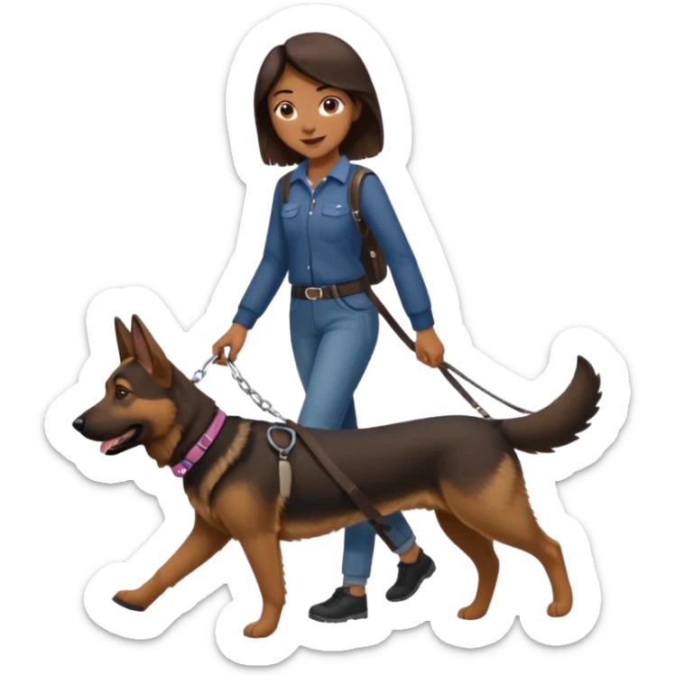 a girl with a brown dark hair, she's walking her dog is a german shepard sticker