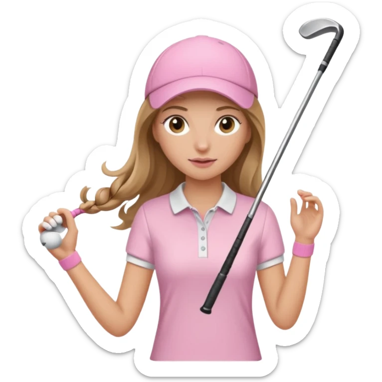 girl with long bronde hair wearing light pink and is swinging a golf club sticker