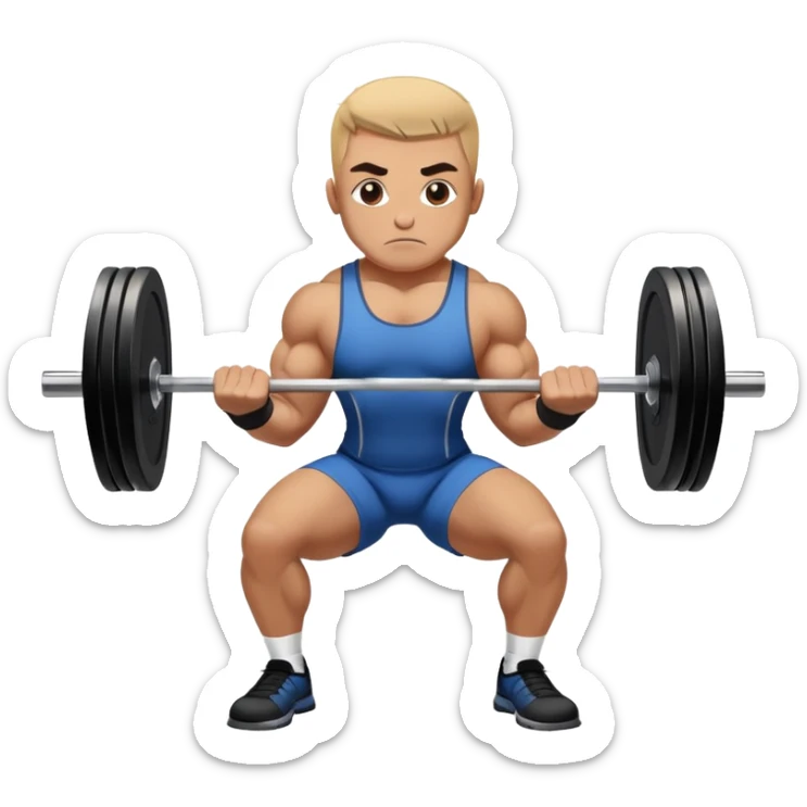 Powerlifter lifting a heavy barbell in a dramatic display of strength, muscles flexing under the pressure. The focus is on the lifter's intense effort and the heavy weights on each side. The background features a gym with weights and equipment, emphasizing the raw power of the sport.  sticker