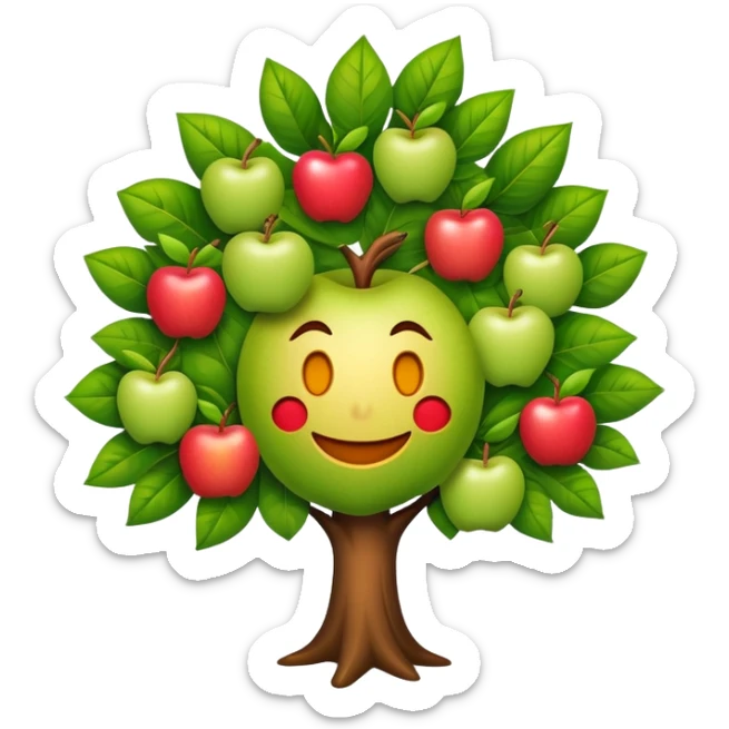 diseña a un árbol con cara sonriente y que las hojas tenga tres manzanas en cada lado o en cada parte de las hojas. sticker