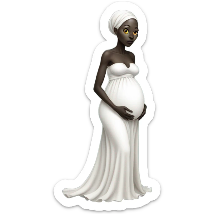 Pregnant black alien woman, full body, on white dress sticker
