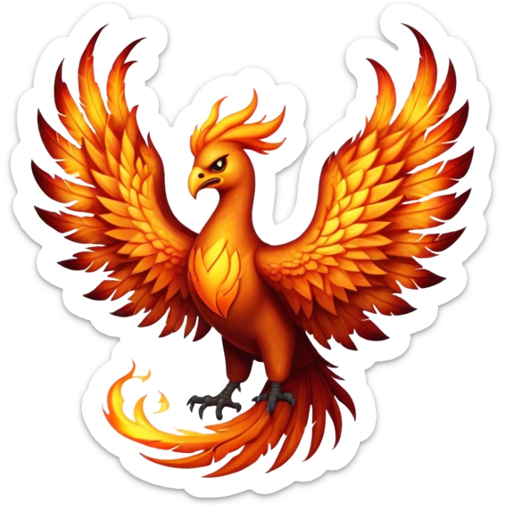 Cinematic Fierce Battle-Hardened Mystical Fire Phoenix Portrait Emoji, head tilted with an aggressive, unwavering gaze that speaks of relentless combat. The flame-kissed form is marked by rugged, charred feathers and vivid battle scars. Its blazing eyes radiate raw intensity and steely resolve, rendered with lifelike detail and stark natural lighting, high shine, channeling an aura of unyielding warlike energy and valor, softened by a dynamic glowing outline that highlights its battle-earned ferocity. sticker