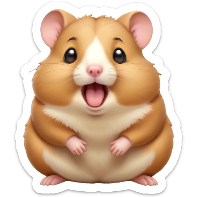Cinematic Cute Yawning Brown Hamster Portrait Emoji, Head tilted slightly with a dramatic, wide-open yawn, showcasing a smooth, rich brown fur with tiny droopy ears, round dark eyes barely open in drowsy contentment, Simplified yet irresistibly adorable features, highly detailed, glowing with a soft, cozy glow, high shine, relaxed yet expressive, stylized with a touch of whimsy, bright and endearing, soft glowing outline, capturing the essence of a sleepy yet affectionate hamster, so drowsy it feels like it could stretch out of the screen and curl up for a nap! sticker
