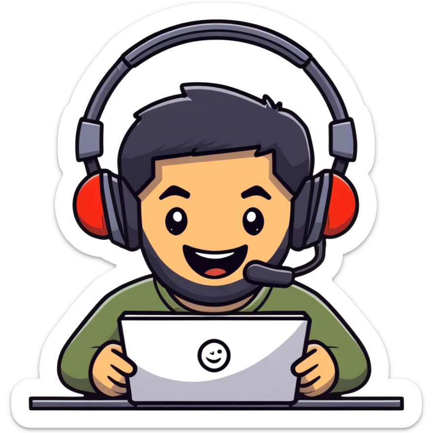 anime style laughing man with black hair, brown eyes, black beard wearing gaming headset sticker