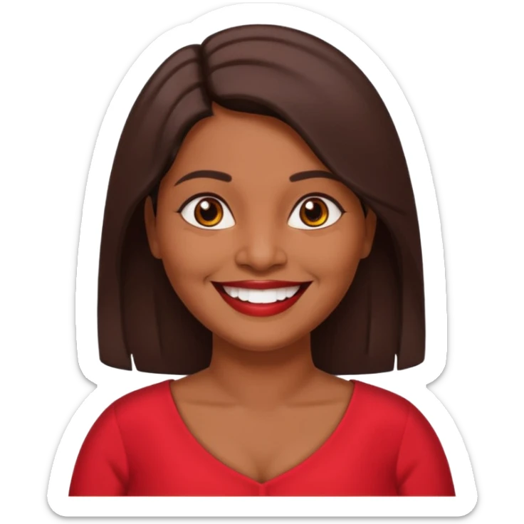 50 yr old chubby Sri Lankan woman, dark skin, straight brown hair, big smile, white teeth, red dress clothes, shoulder length hair sticker