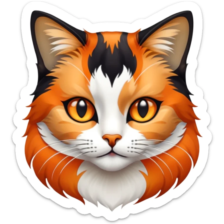 cinematic-noble-calico-cat-portrait-emoji,-poised-and-regal,-with-a-striking-patchwork-fur-in-vibrant-orange,-black,-and-white-hues premoninantly black,-delicate-whiskers-and-a-refined,-relaxed-gaze,-simplified-yet-exquisitely-detailed,-glowing sticker