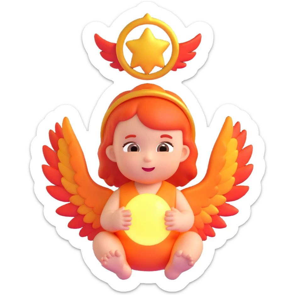 baby fire angel, cute face, glowing halo, fiery wings, 3D emoji style sticker
