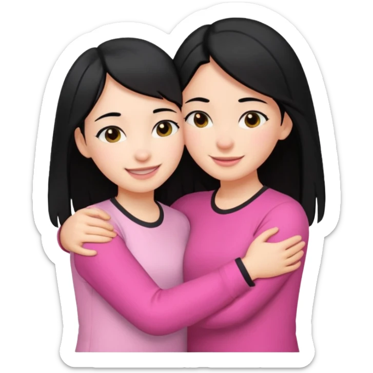 Two girls with black hair, one wearing white shirt and the other is pink shirt, hugging each other sticker