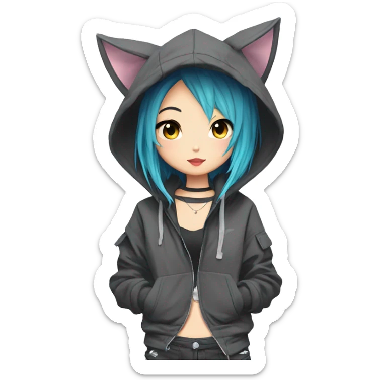 Edgy cool shy colorful Asian urban beautiful pretty anime punk tomboy with cat ears techwear cargo pants hoodie collar  sticker