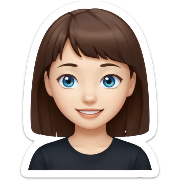 a girl with narrow Asian blue eyes, brown hair, and a small bang below her shoulders, wearing a black T-shirt, winking sticker