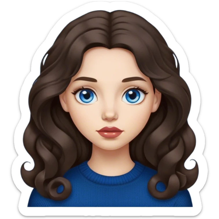 girl with long, lush, lightly curled dark brown hair, big lips and blue eyes, black sweater sticker