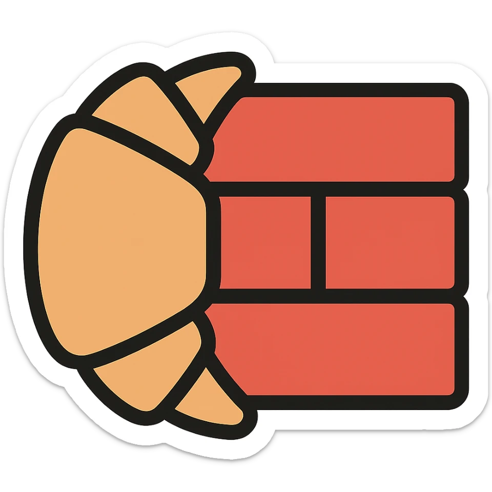 Make the croissant merged into a brick look more like a brick in color outline icon style, with no background. sticker