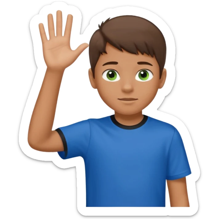 Boy 10 years old, with overgrown brown hair,with a with black and green eyes in a blue T-shirt, waves his hand sticker