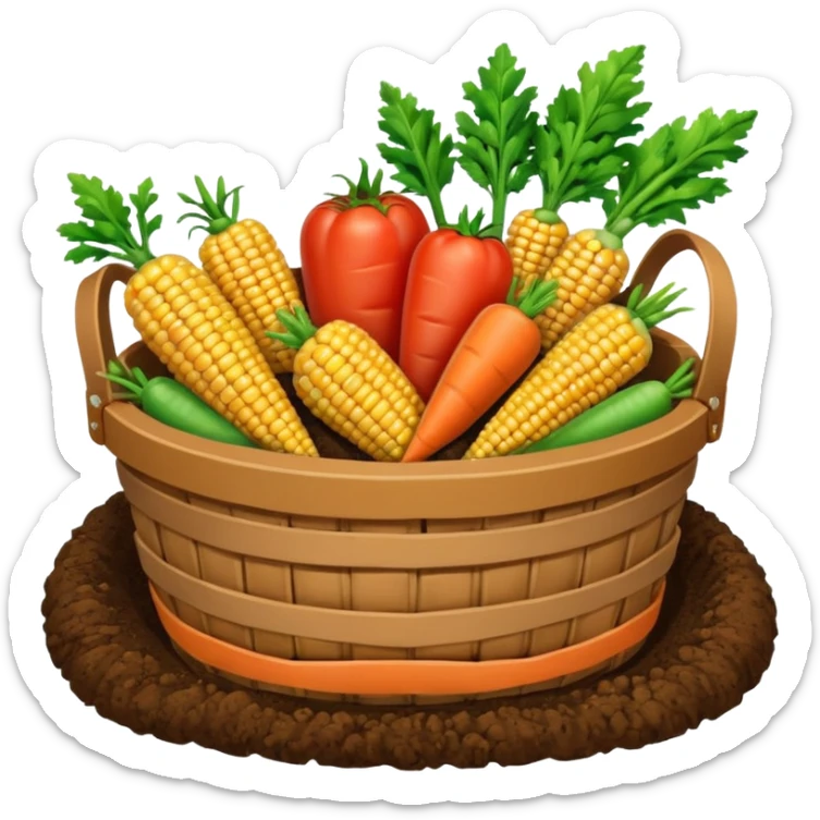 A 3D cartoon basket filled with fresh farm produce like carrots, tomatoes, and corn, placed on soil ground, soft natural lighting, Memoji-style texture. sticker