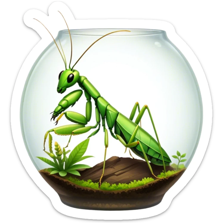 Close-up of home insects in a terrarium, showcasing beetles, praying mantises, and other exotic species in vivid detail, with natural textures of the terrarium. Soft lighting highlights their features. Transparent background. sticker